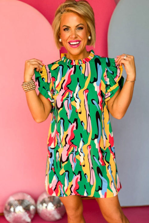 Abstract Print Frilled Neck Ruffled Sleeve Mini Dress